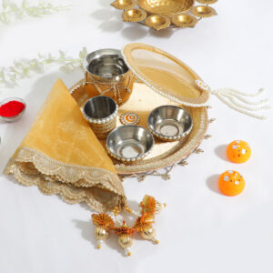 Elegant Pear Golden Karwa Chauth Thali Set