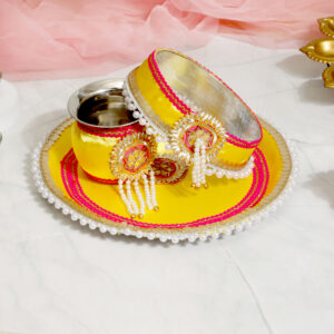 Dazzling Yellow And Pink Karwa Chauth Thali Set